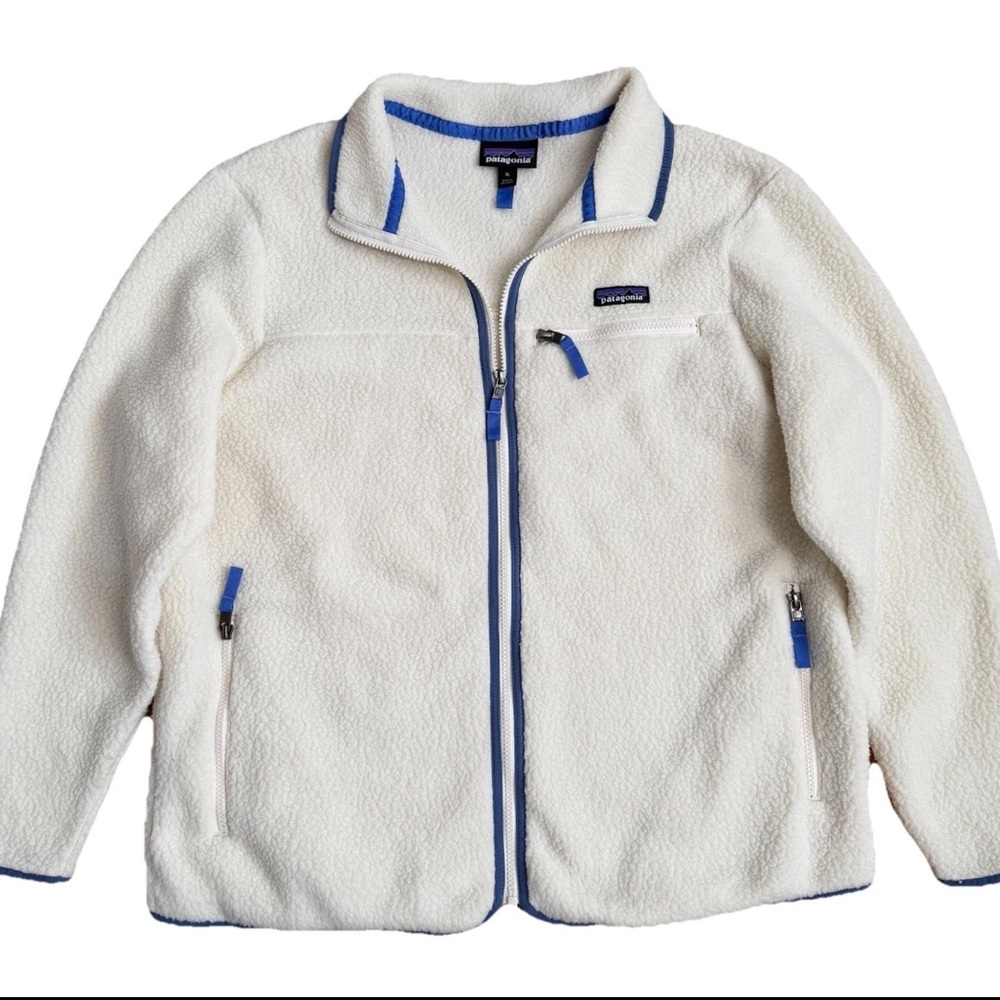 Patagonia Women's Retro Pile Fleece Jacket XL Cream Natural Blue Trim 22795